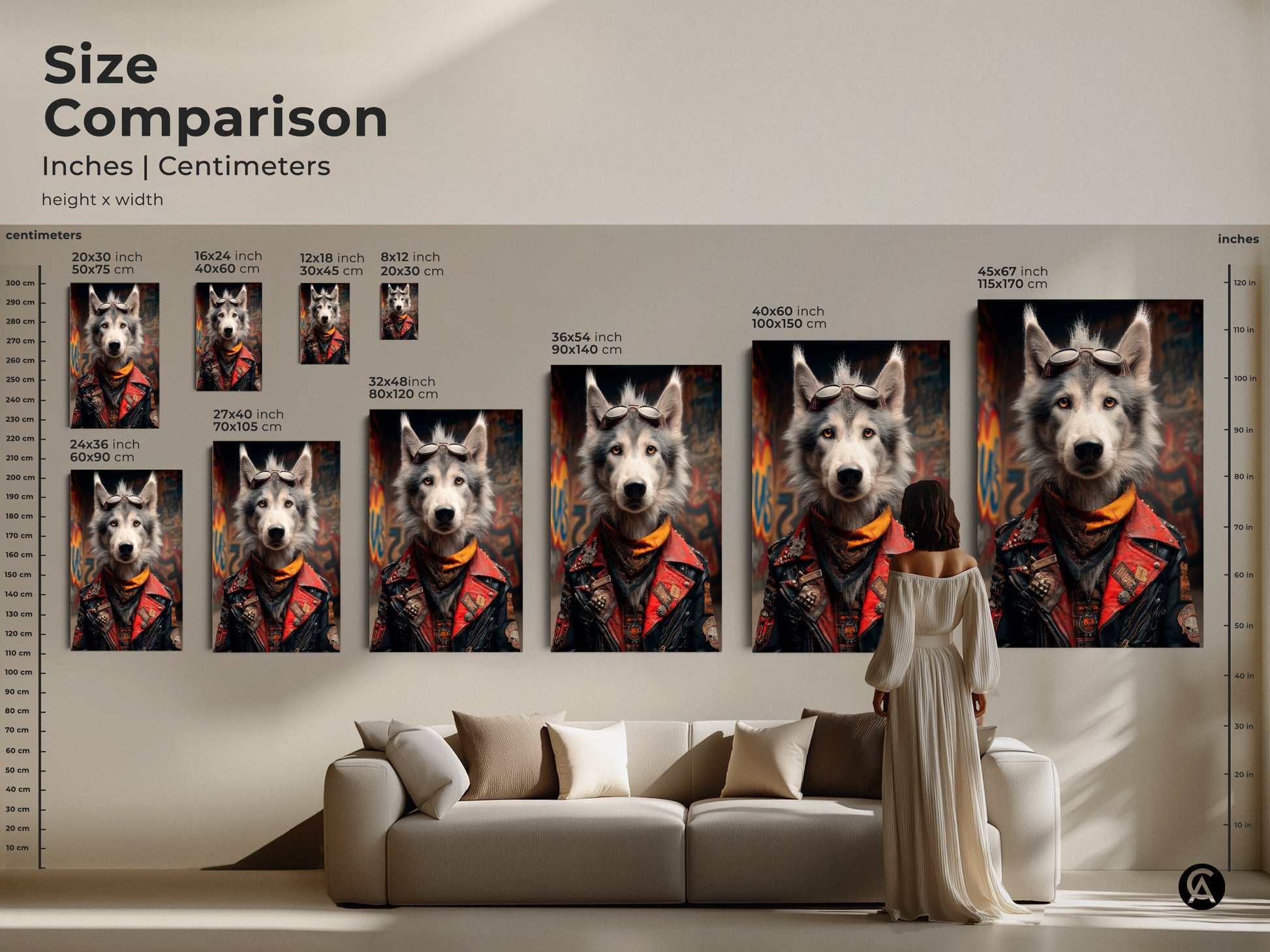 Compare sizes with this Biker Wolf art. See how the wolf in biker jacket art looks in different dimensions. This street art wolf poster is available in various sizes. Find the ideal fit for your space whether it's a canvas print or poster this unique biker poster is sure to impress