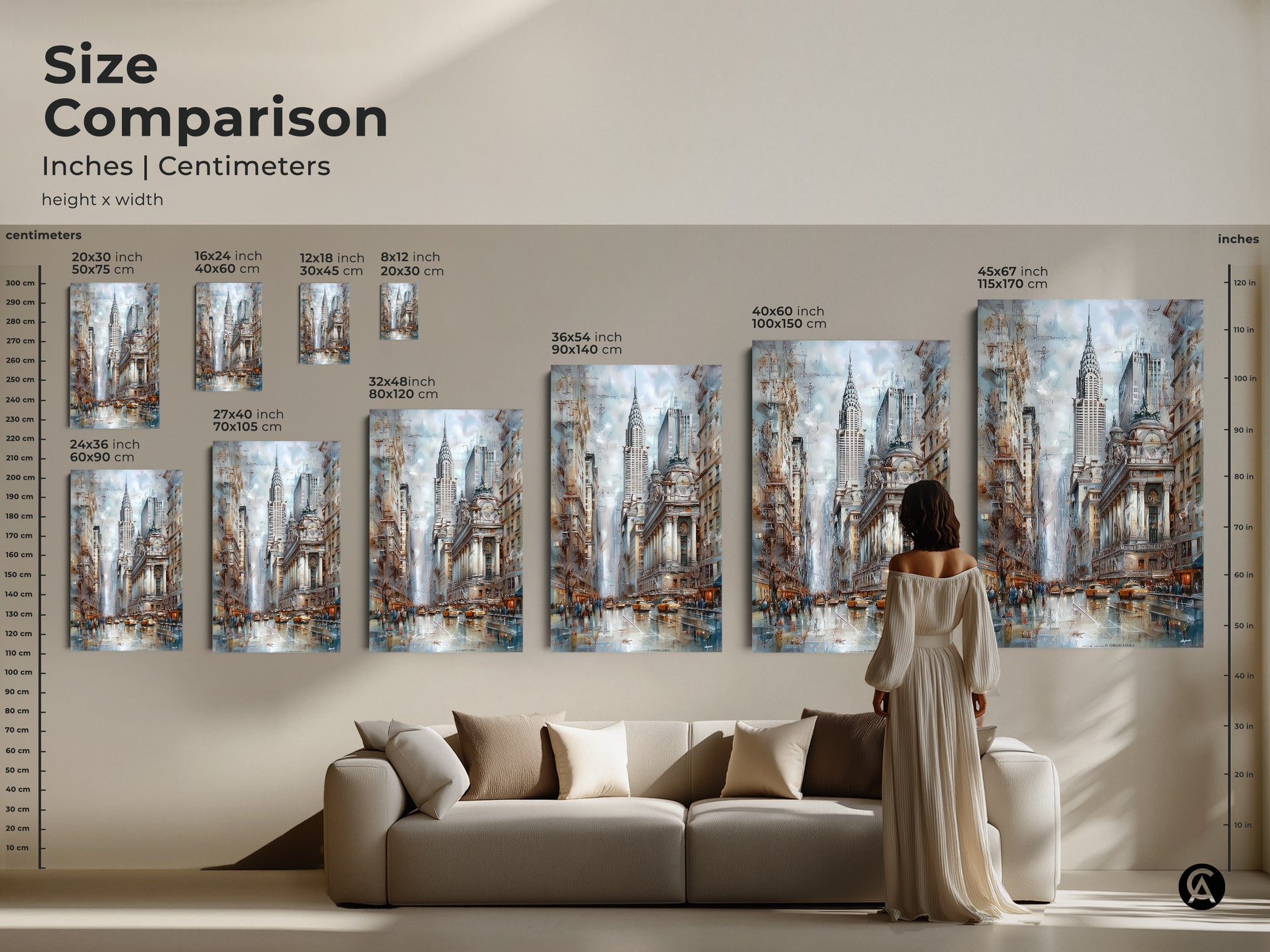 Size comparison showcasing the NYC art print in inches and centimeters. The Chrysler Building canvas print can be compared to the size of a couch. See how the sizes vary with a person in the art piece.