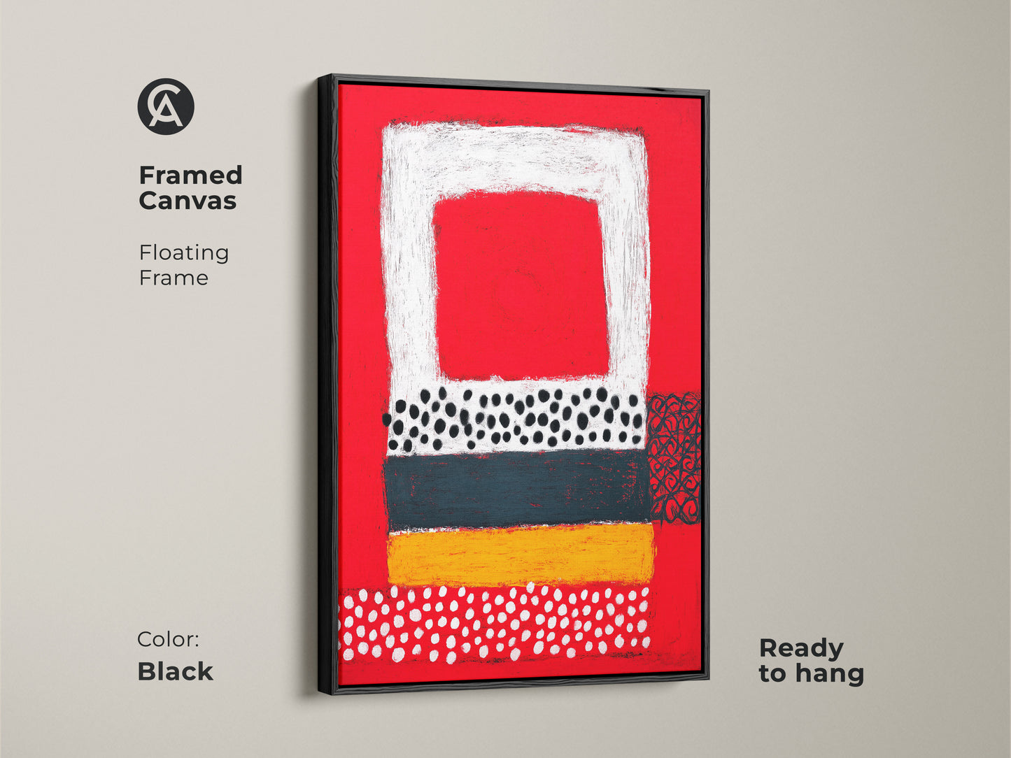 Framed canvas floating frame in black showcasing a bold abstract art print. It's a contemporary piece with red yellow teal and black geometric shapes. The artwork is ready to hang adding a sophisticated touch to a living room or office.