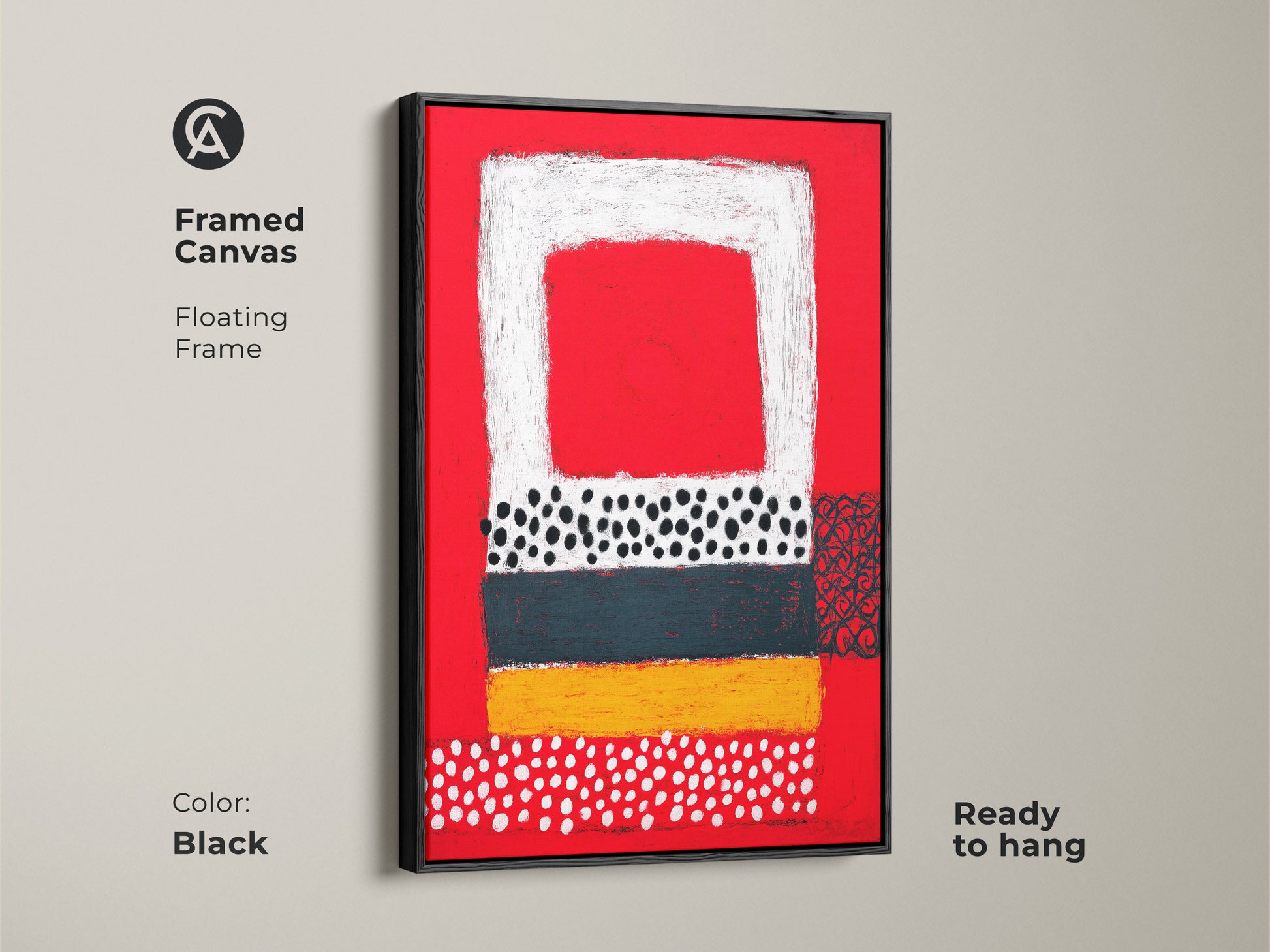 Framed canvas floating frame in black showcasing a bold abstract art print. It's a contemporary piece with red yellow teal and black geometric shapes. The artwork is ready to hang adding a sophisticated touch to a living room or office.