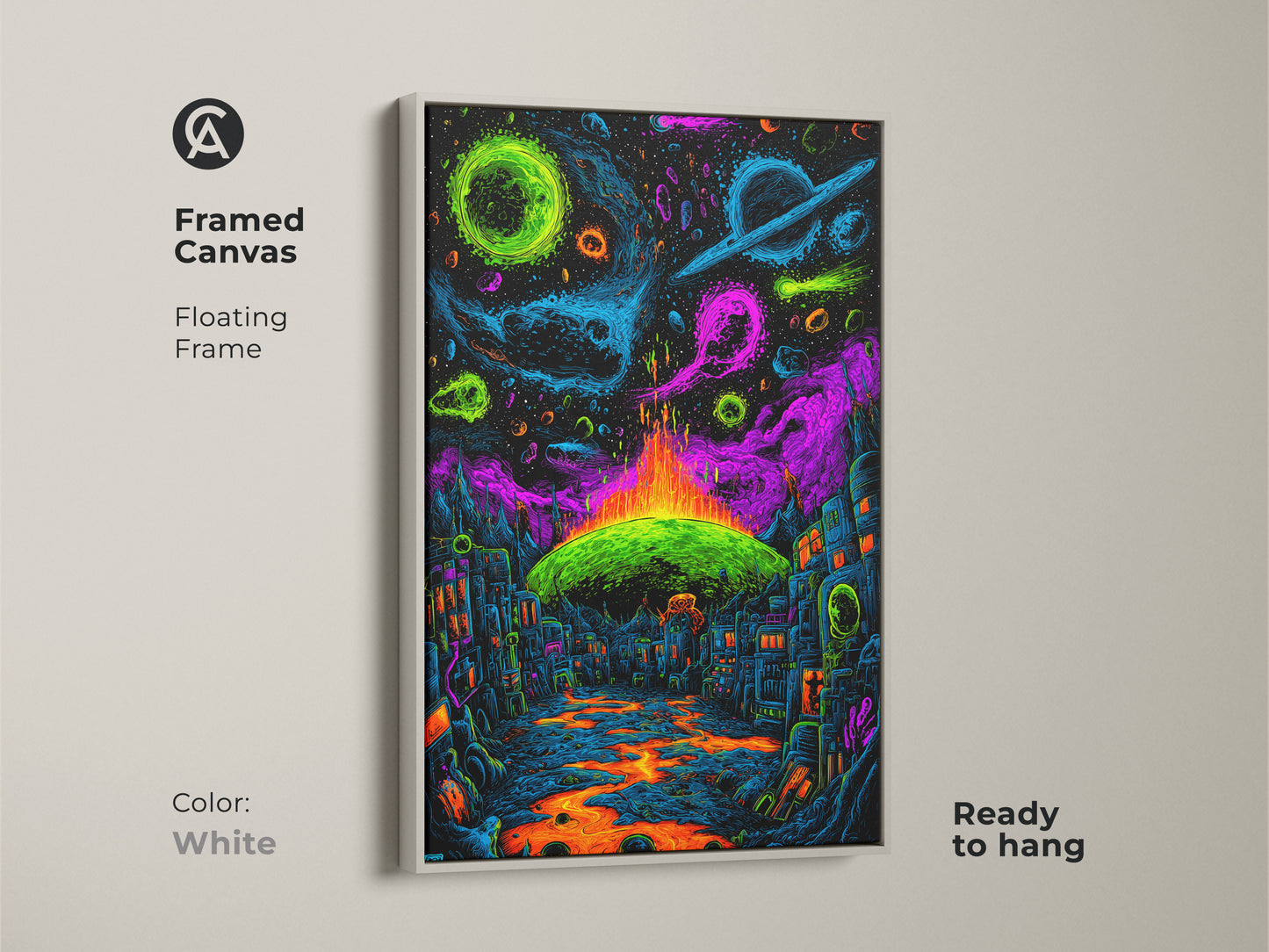 Brighten your space with this framed canvas artwork in white. The artwork shows a neon city under cosmic planets. A lava river completes the surreal picture. Ready to hang this floating frame art offers a fresh look to any room. Discover unique wall art.