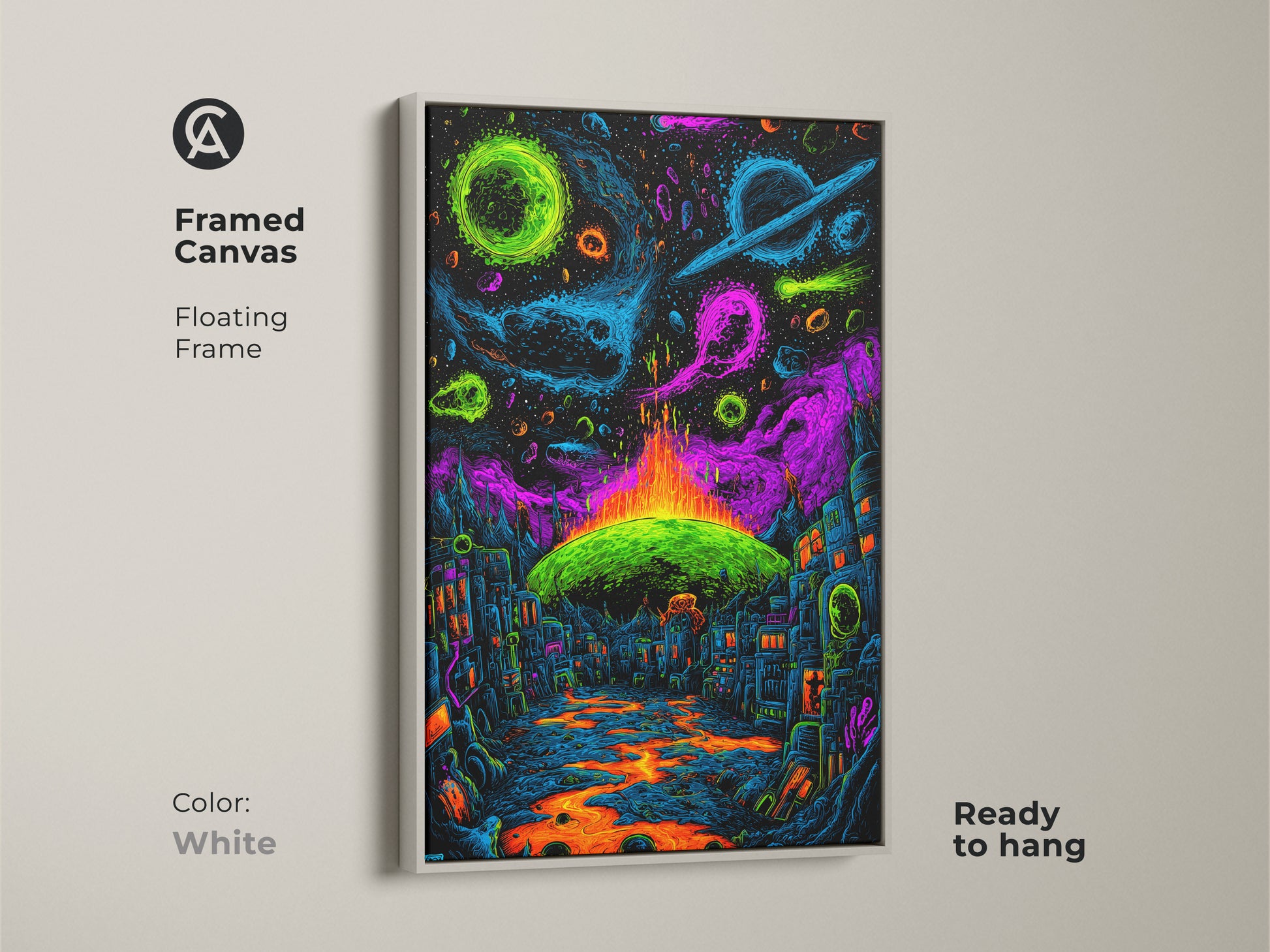 Brighten your space with this framed canvas artwork in white. The artwork shows a neon city under cosmic planets. A lava river completes the surreal picture. Ready to hang this floating frame art offers a fresh look to any room. Discover unique wall art.