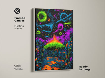 Brighten your space with this framed canvas artwork in white. The artwork shows a neon city under cosmic planets. A lava river completes the surreal picture. Ready to hang this floating frame art offers a fresh look to any room. Discover unique wall art.
