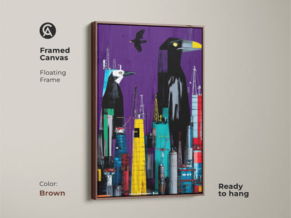 Framed canvas showing surreal bird cityscape. Brown floating frame enhances the purple yellow teal colors in the wall art. This industrial bird canvas is ready to hang.