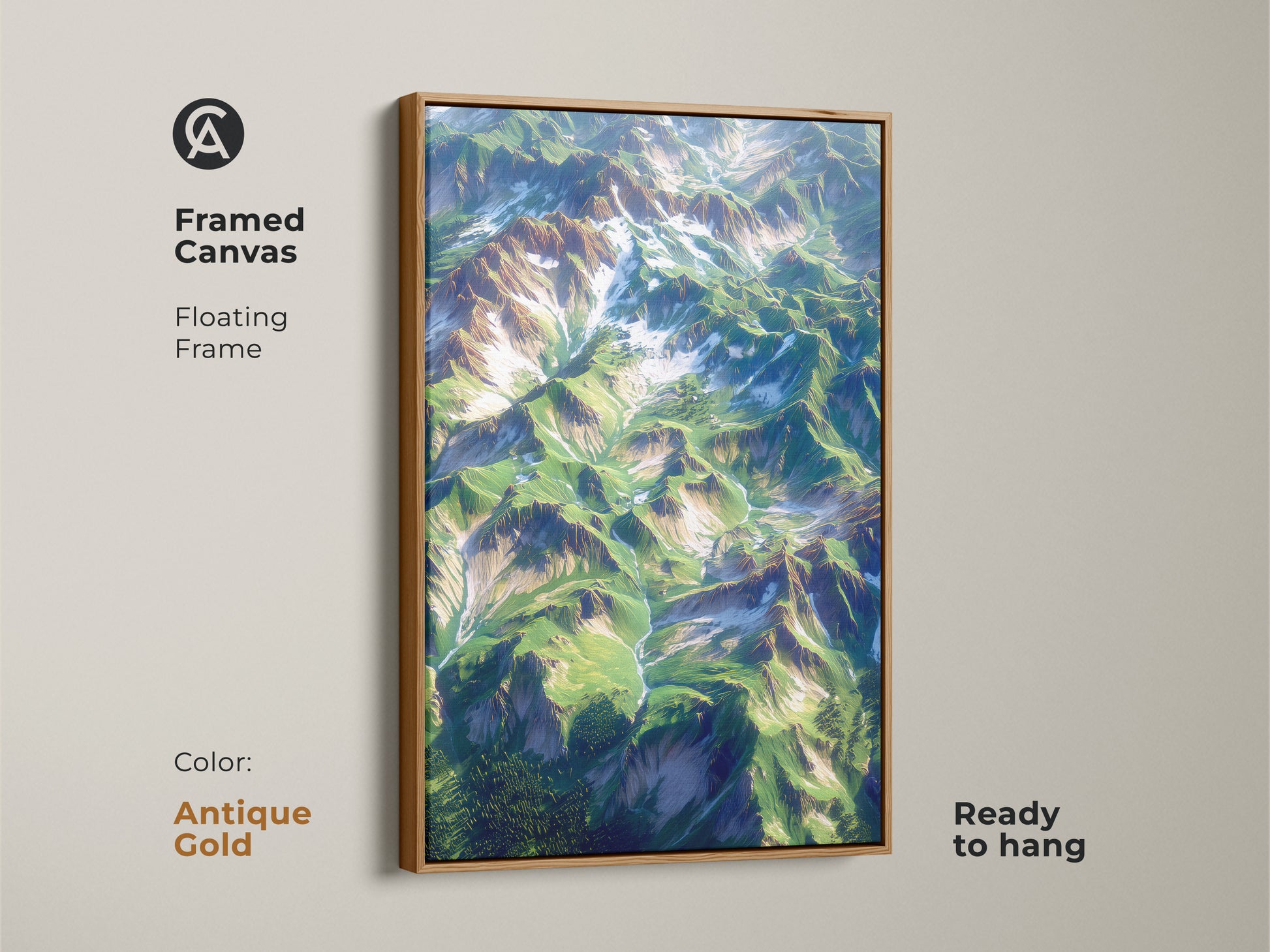 Framed canvas art with an antique gold floating frame. The artwork features an aerial view of a mountain landscape. The canvas comes ready to hang. The antique gold frame adds a touch of elegance. Enhance your space with this nature-inspired masterpiece today.
