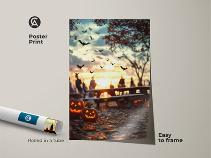 Halloween art poster rolled in a tube. The artwork features a spooky autumn sunset scene. Jack-o'-lanterns glow with silhouetted figures and bats. It's easy to frame. This eclectic art print is ideal for seasonal fall decor. A unique autumn gift for halloween lovers.