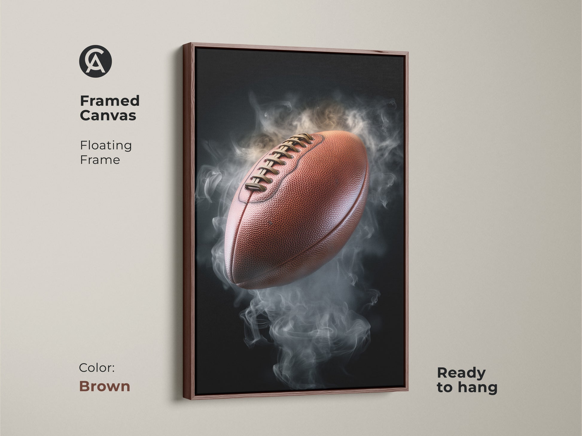Framed canvas of an elite football artwork with a brown floating frame. This sports themed wall art adds a touch of athletic energy to any room. This modern canvas is ready to hang.
