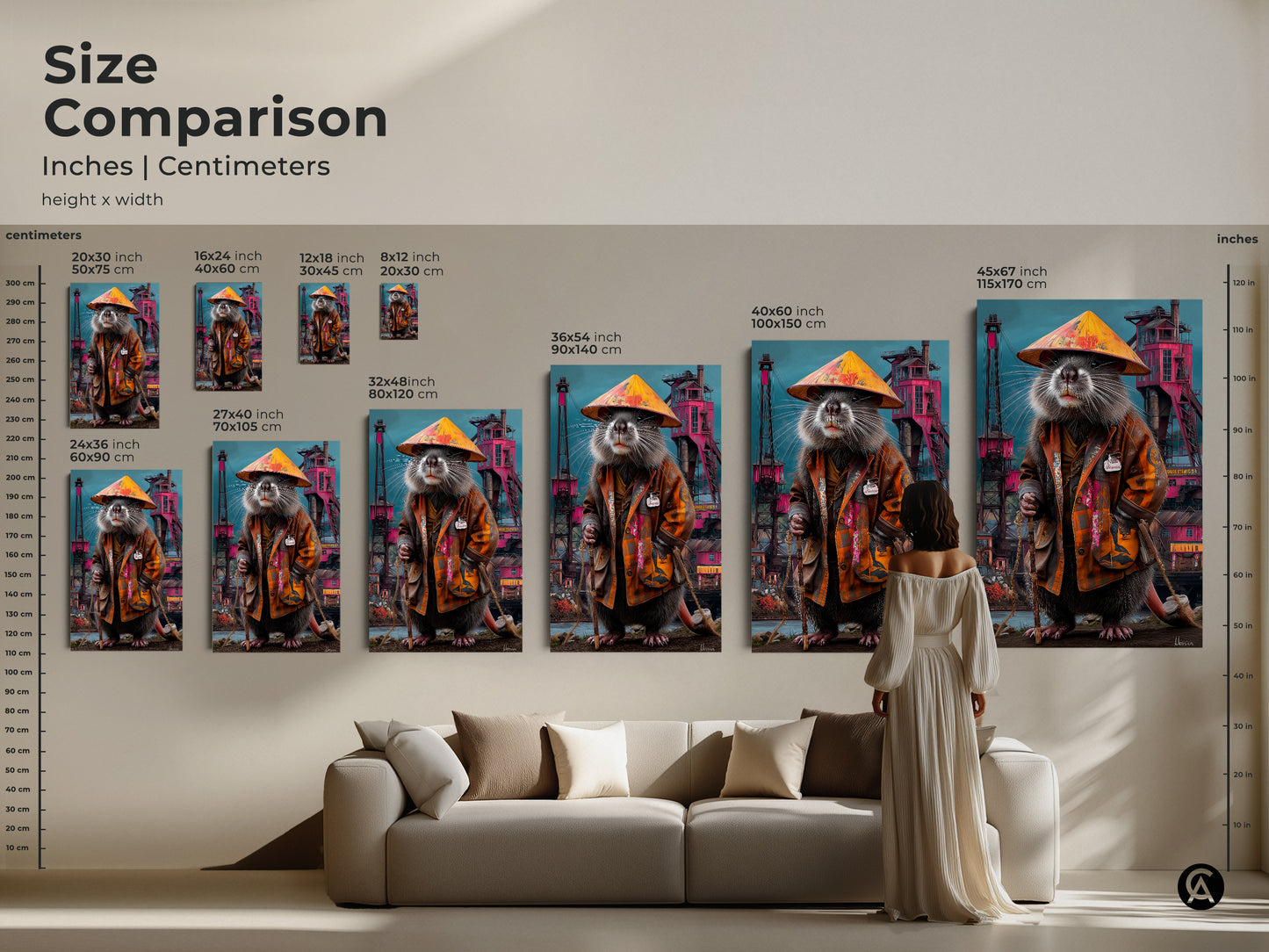 Size comparison displaying inches and centimeters illustrates the scale of the surreal rat king art print. It is shown with a person and furniture providing a clear view of how the art fits in different spaces.