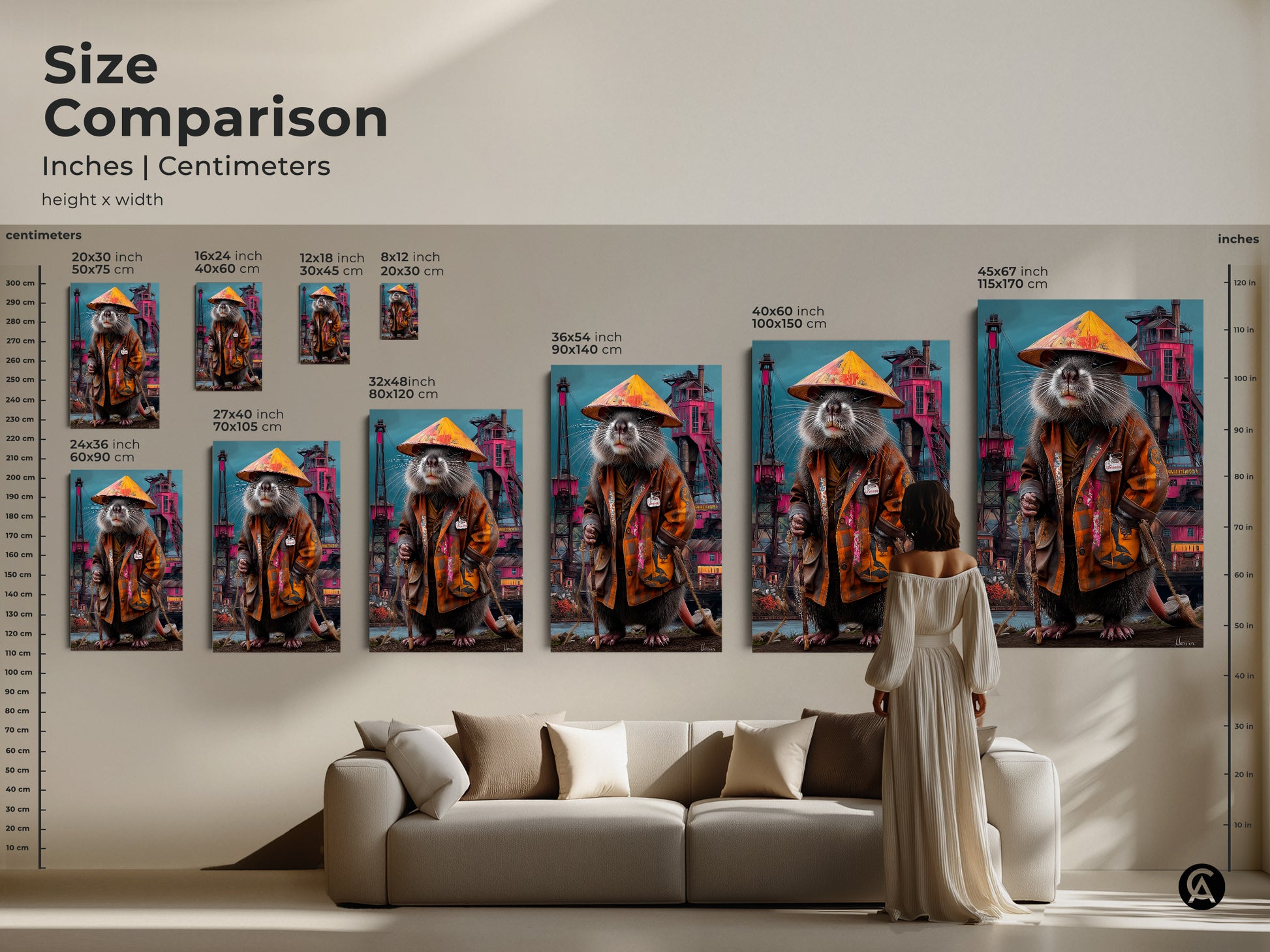 Size comparison displaying inches and centimeters illustrates the scale of the surreal rat king art print. It is shown with a person and furniture providing a clear view of how the art fits in different spaces.