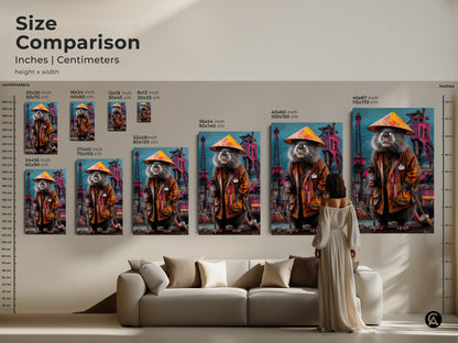 Size comparison displaying inches and centimeters illustrates the scale of the surreal rat king art print. It is shown with a person and furniture providing a clear view of how the art fits in different spaces.