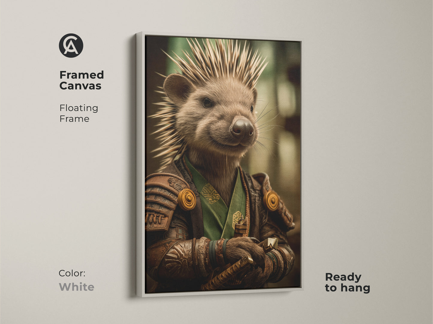This white framed canvas showcases a samurai hedgehog print ready to hang. It is a unique gift for fantasy lovers. The animal warrior canvas print is eclectic room decoration.