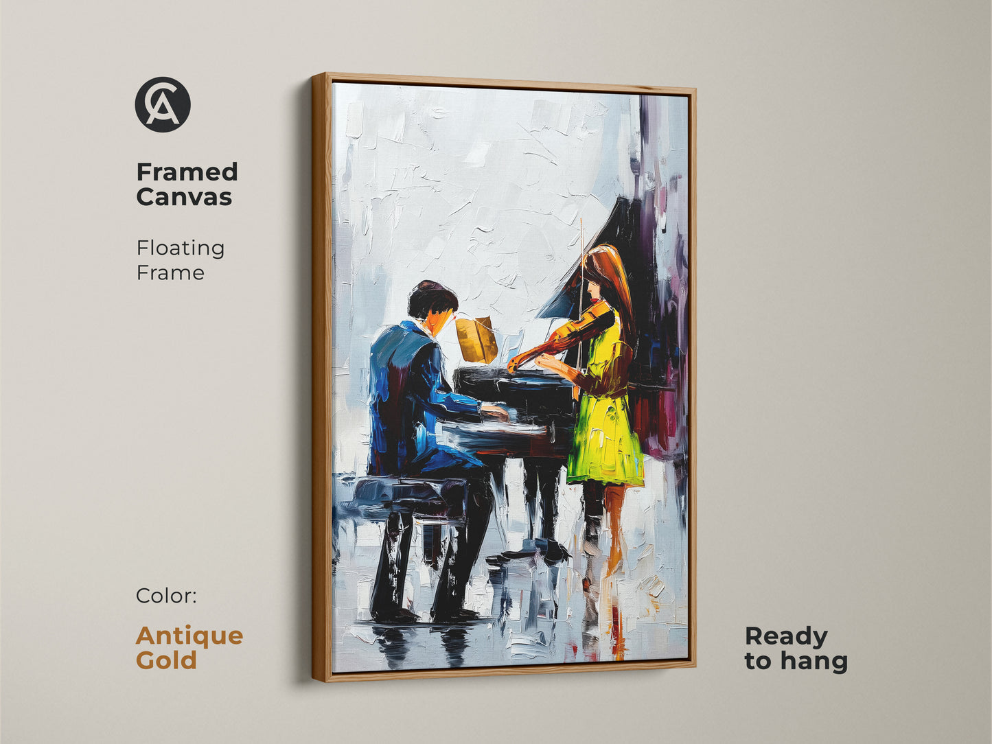 Framed Canvas with antique gold floating frame features impressionist piano artwork of a violinist. This blue green music art includes contemporary figures. It's ready to hang. This is a perfect gift for music lovers to display modern musical artwork. The abstract musical painting is performance art.
