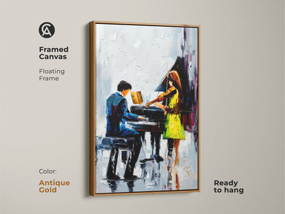 Framed Canvas with antique gold floating frame features impressionist piano artwork of a violinist. This blue green music art includes contemporary figures. It's ready to hang. This is a perfect gift for music lovers to display modern musical artwork. The abstract musical painting is performance art.