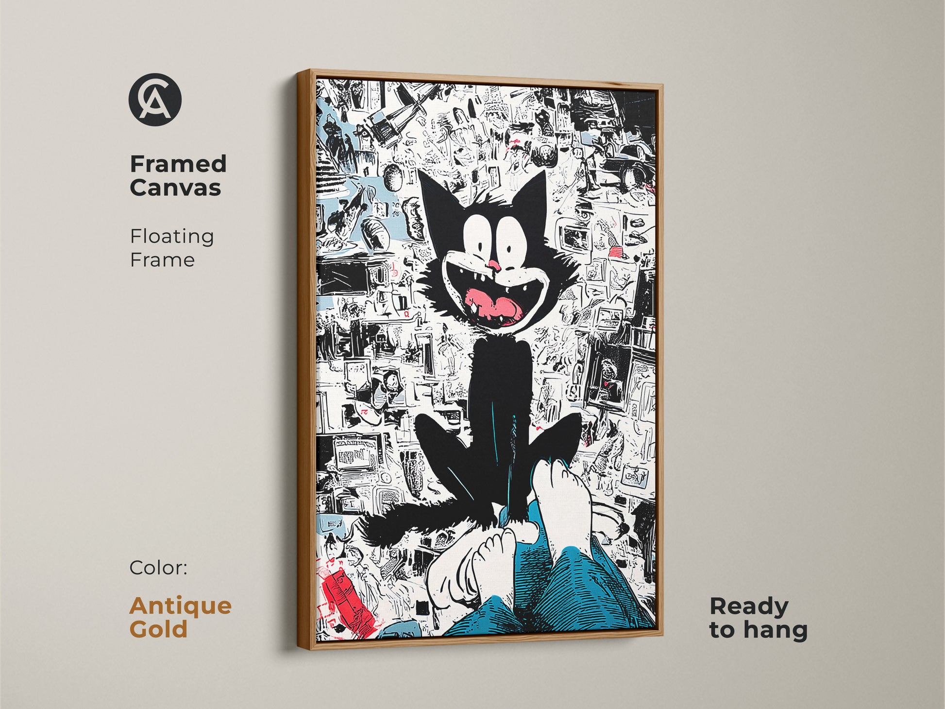 Framed canvas art print with a floating frame in antique gold color. This features a whimsical black cat sitting above a person's feet. The background showcases a collage of cartoon imagery. The framed art is ready to hang.