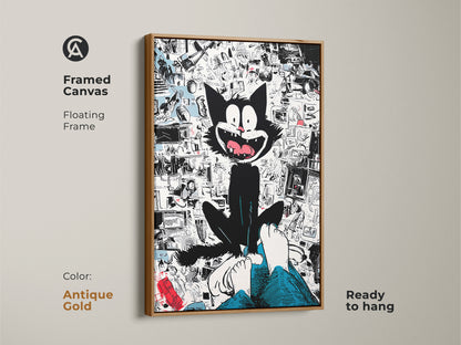 Framed canvas art print with a floating frame in antique gold color. This features a whimsical black cat sitting above a person's feet. The background showcases a collage of cartoon imagery. The framed art is ready to hang.