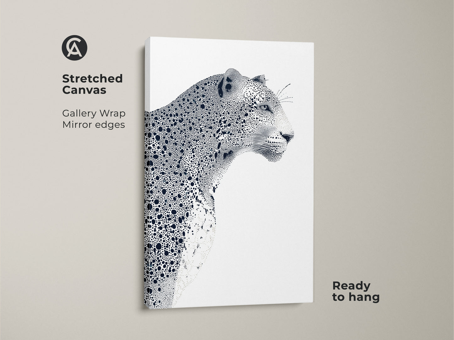 Stretched canvas print featuring a leopard illustration. The gallery wrapped canvas has mirror edges. This ready-to-hang wildlife art is perfect for adding a touch of nature to your home decor. The black and white color palette complements any interior.