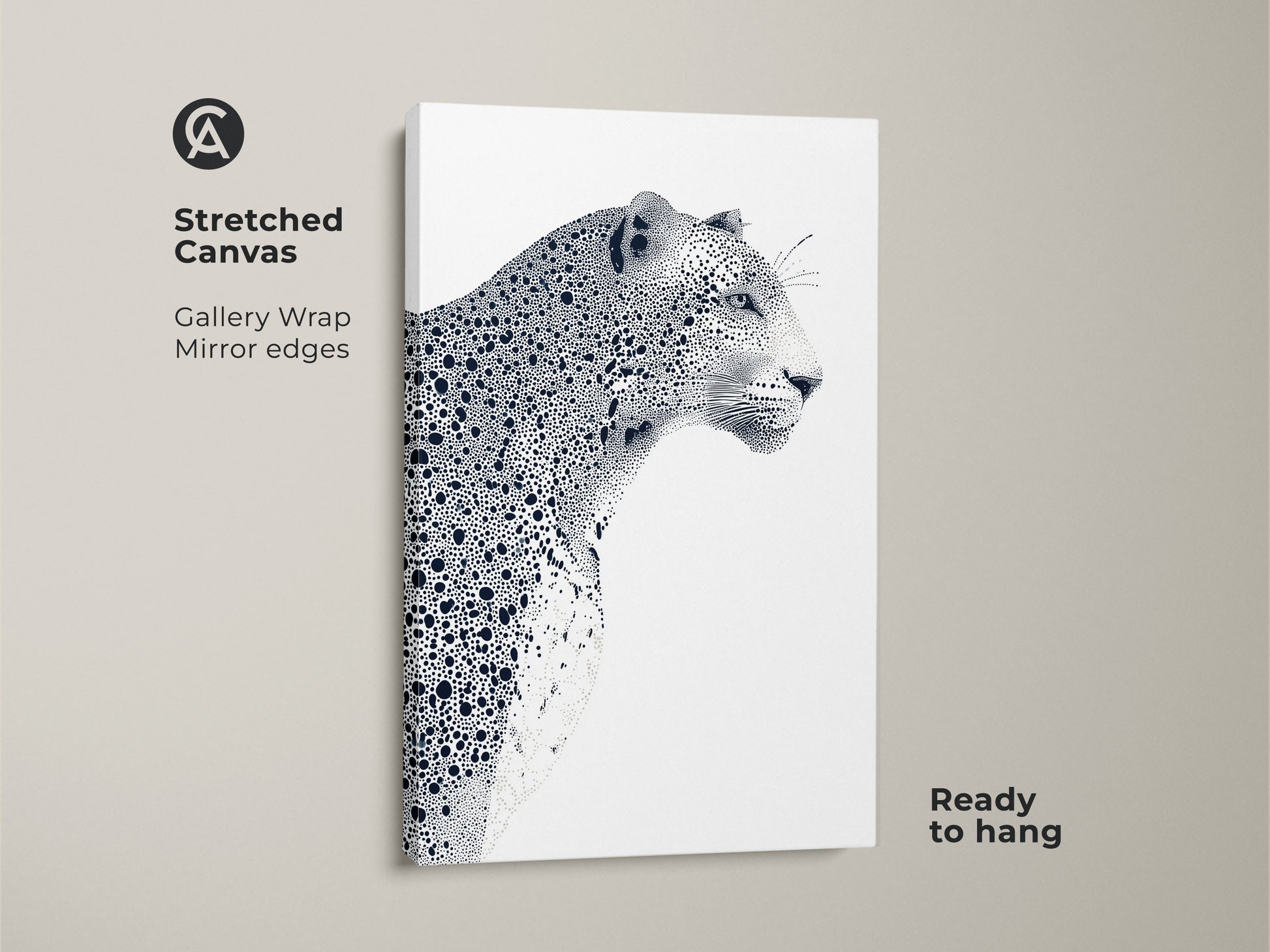 Stretched canvas print featuring a leopard illustration. The gallery wrapped canvas has mirror edges. This ready-to-hang wildlife art is perfect for adding a touch of nature to your home decor. The black and white color palette complements any interior.