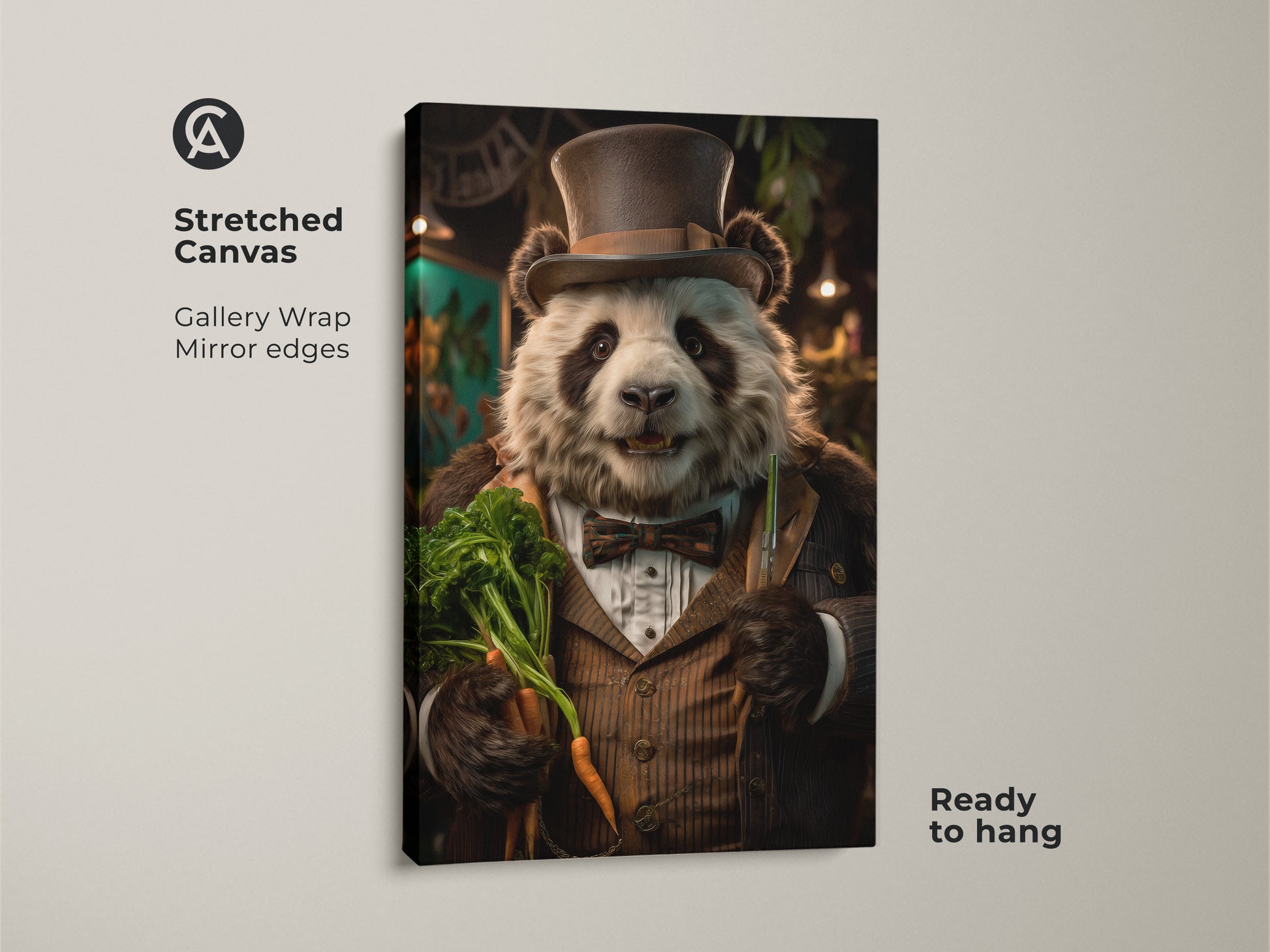A stretched canvas gallery wrap shows dapper panda artwork. The rustic wildlife wall decor has mirror edges and is ready to hang. This top hat bear print is perfect as a unique home decor gift.