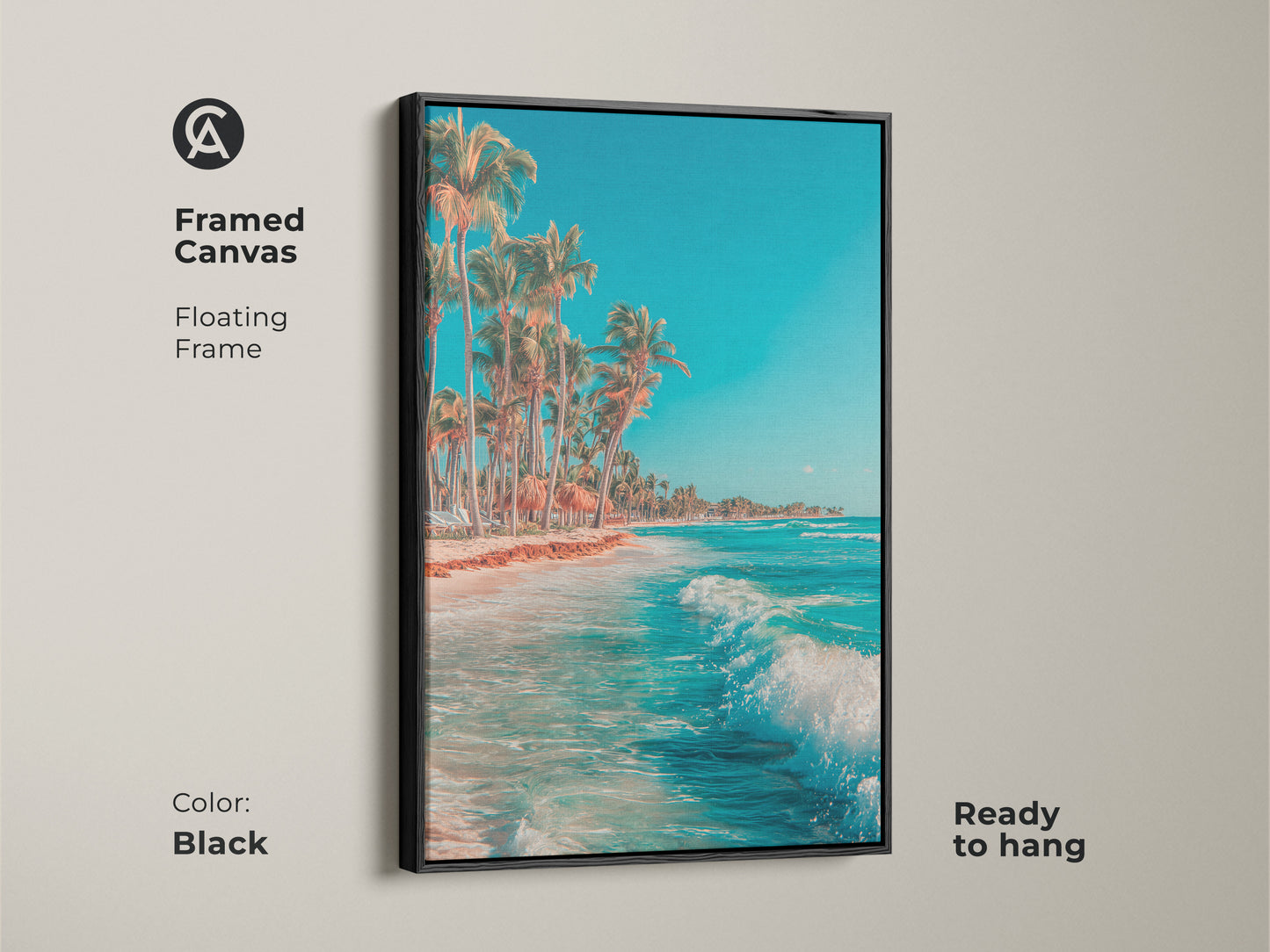 Framed canvas print with a floating frame in black. Tropical beach art featuring ocean waves and palm trees. This ready to hang artwork will bring coastal charm to your space. The Canvas is Ready to hang.