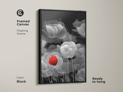 Black framed canvas featuring abstract botanical line art. The red poppy adds a touch of color to the black and white floral artwork. This minimalist home decor is ready to hang. Contemporary wall art for a chic living room or bedroom.