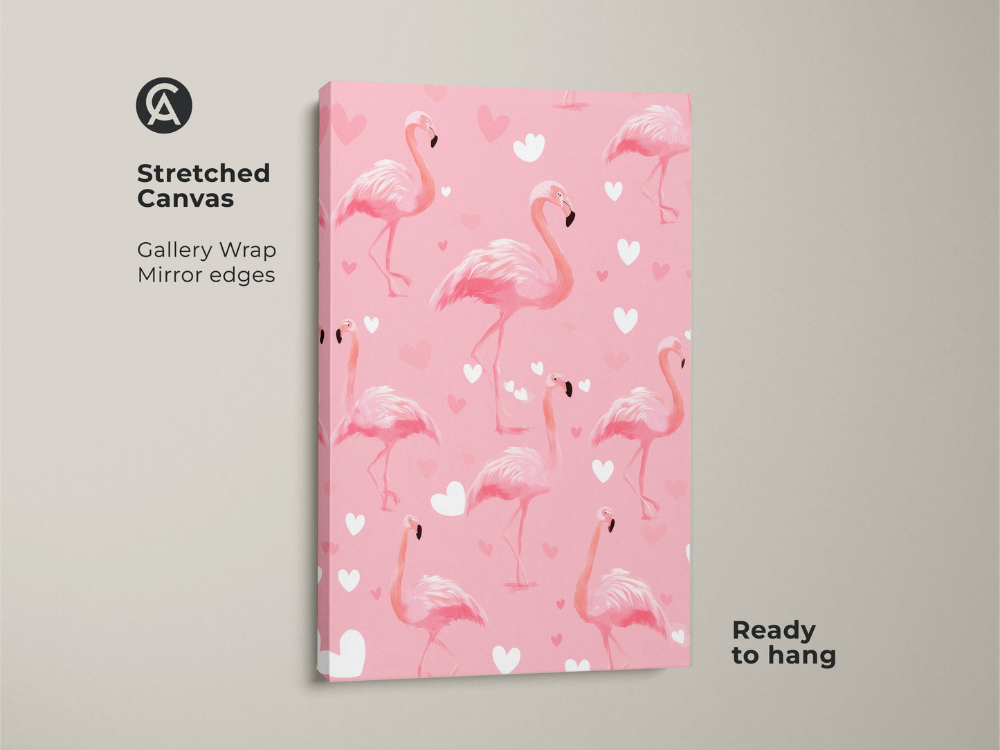 Stretched canvas featuring cute pink flamingo artwork. A heart pattern adds charm to this tropical bird art. It's a ready-to-hang gallery wrap which enhances any room decor. Ideal as a Valentine's gift.