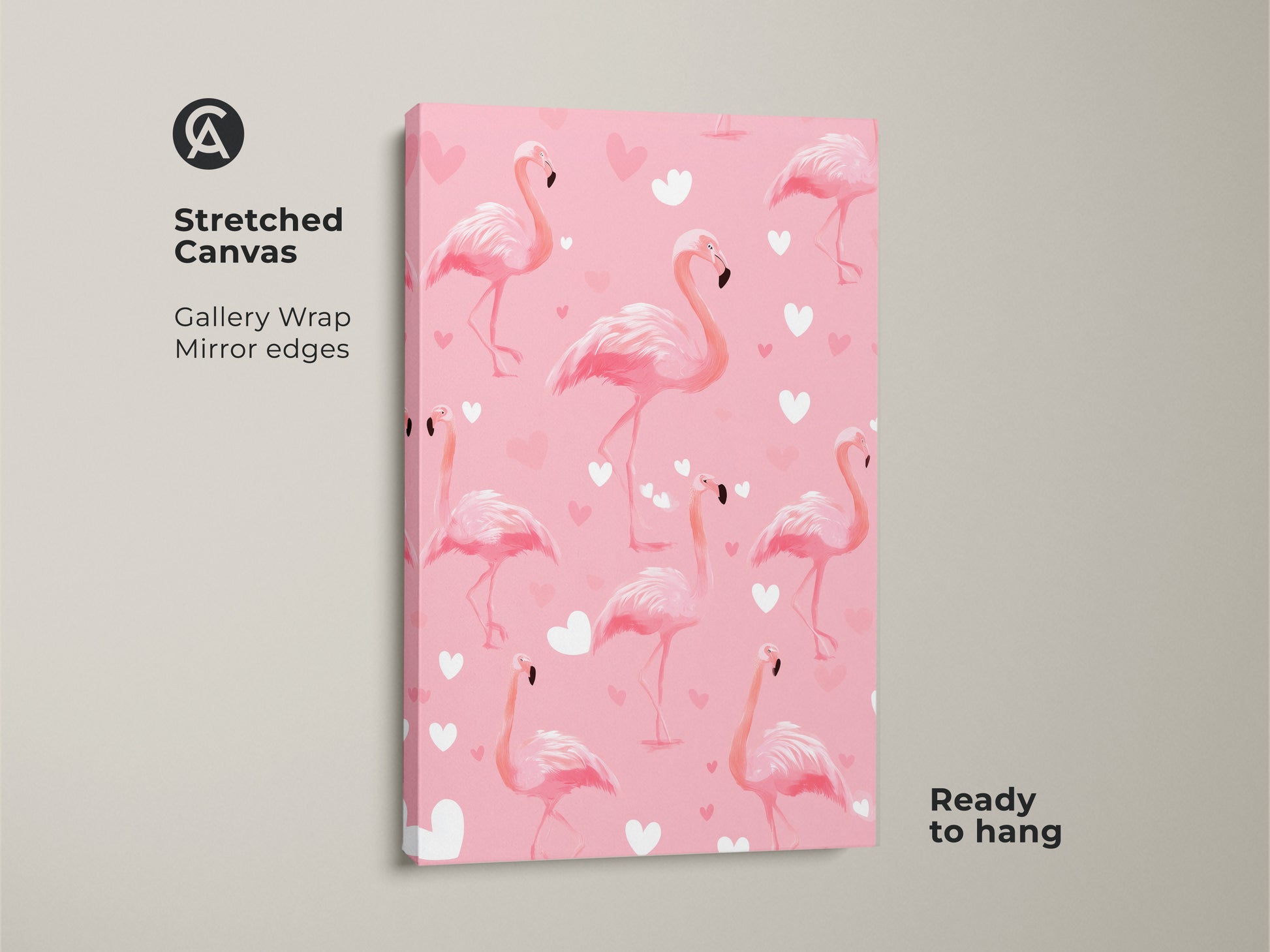 Stretched canvas featuring cute pink flamingo artwork. A heart pattern adds charm to this tropical bird art. It's a ready-to-hang gallery wrap which enhances any room decor. Ideal as a Valentine's gift.