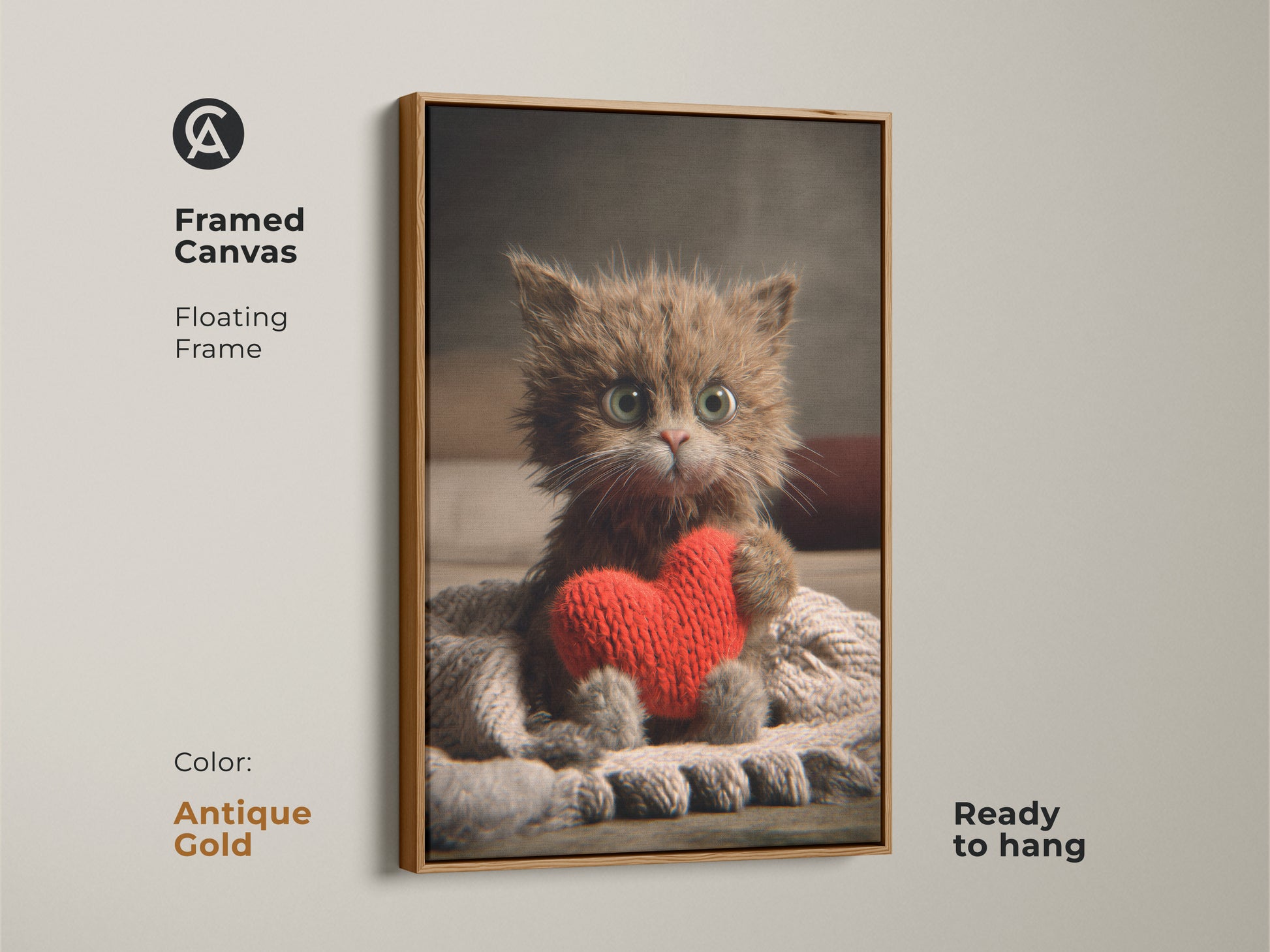 Framed canvas of a kitten holding a heart. This brown cat wall art has a floating frame in antique gold. This photorealistic kitten artwork is ideal for eclectic style home decor. It's a thoughtful Valentine's gift for cat lovers.