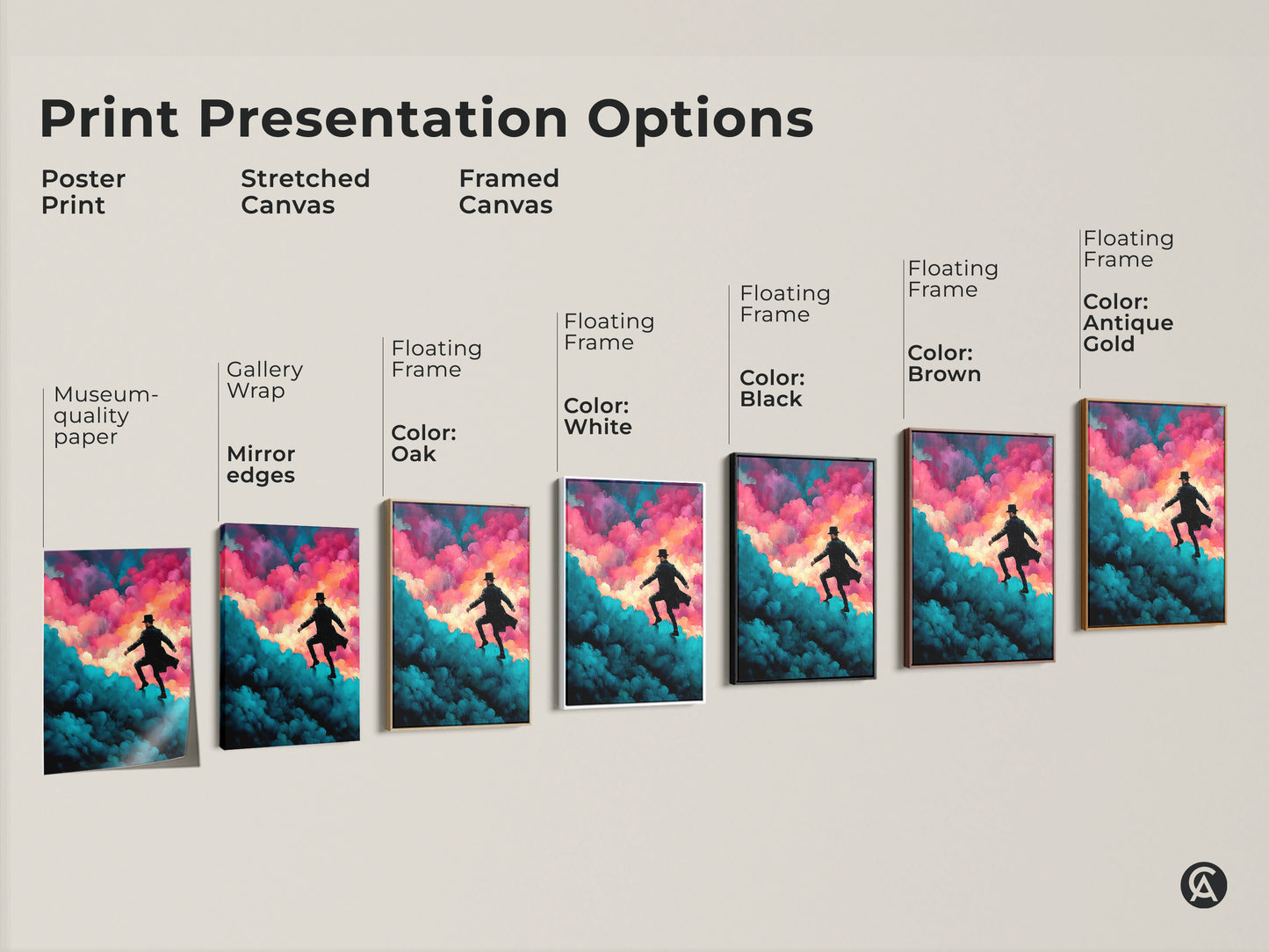 Explore our art print presentation options. Find the perfect museum-quality paper poster print. We offer stretched canvas and framed canvas options. Choose from gallery wrap mirror edges and floating frames. Select a frame color that matches your style.