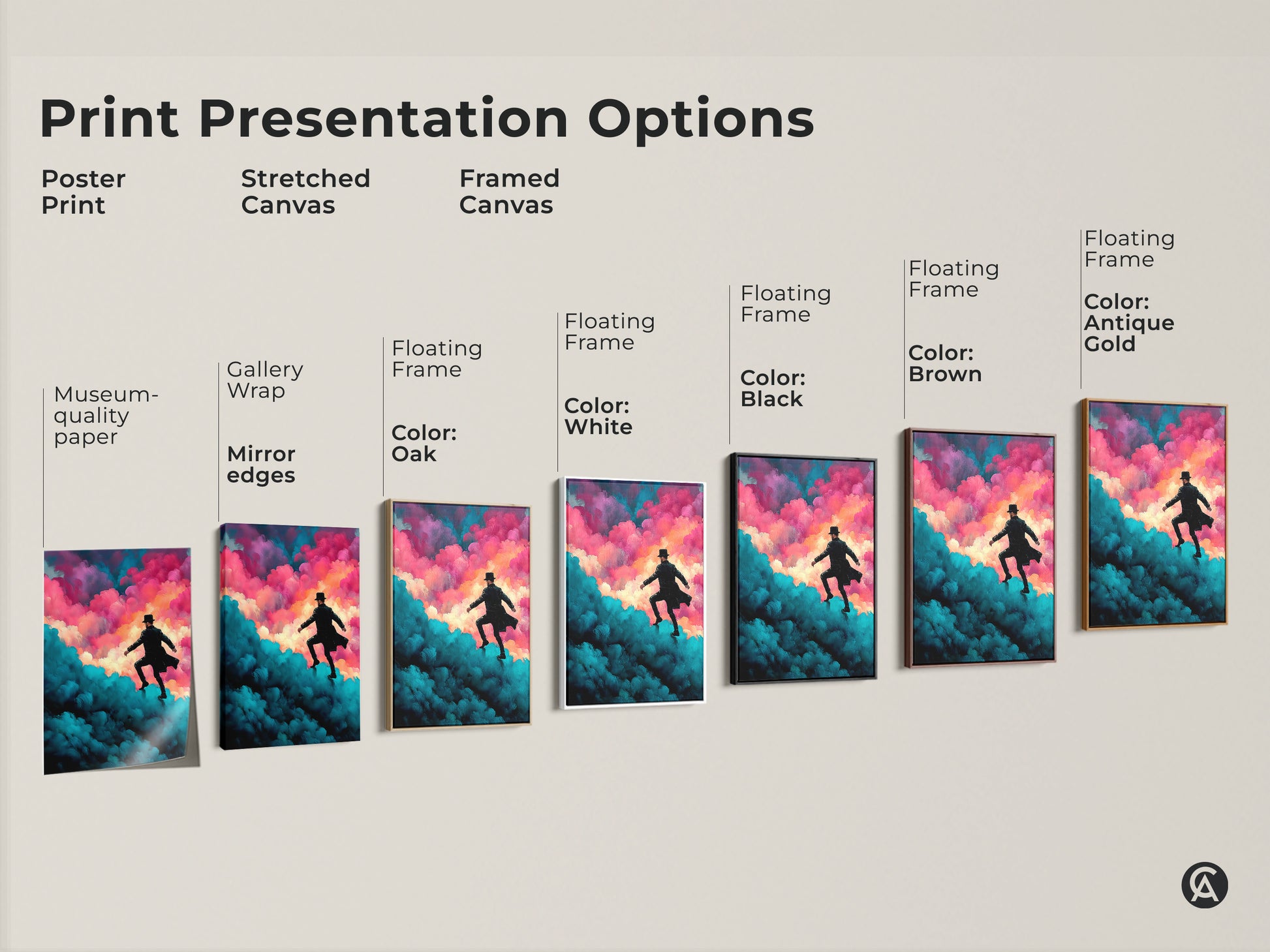 Explore our art print presentation options. Find the perfect museum-quality paper poster print. We offer stretched canvas and framed canvas options. Choose from gallery wrap mirror edges and floating frames. Select a frame color that matches your style.