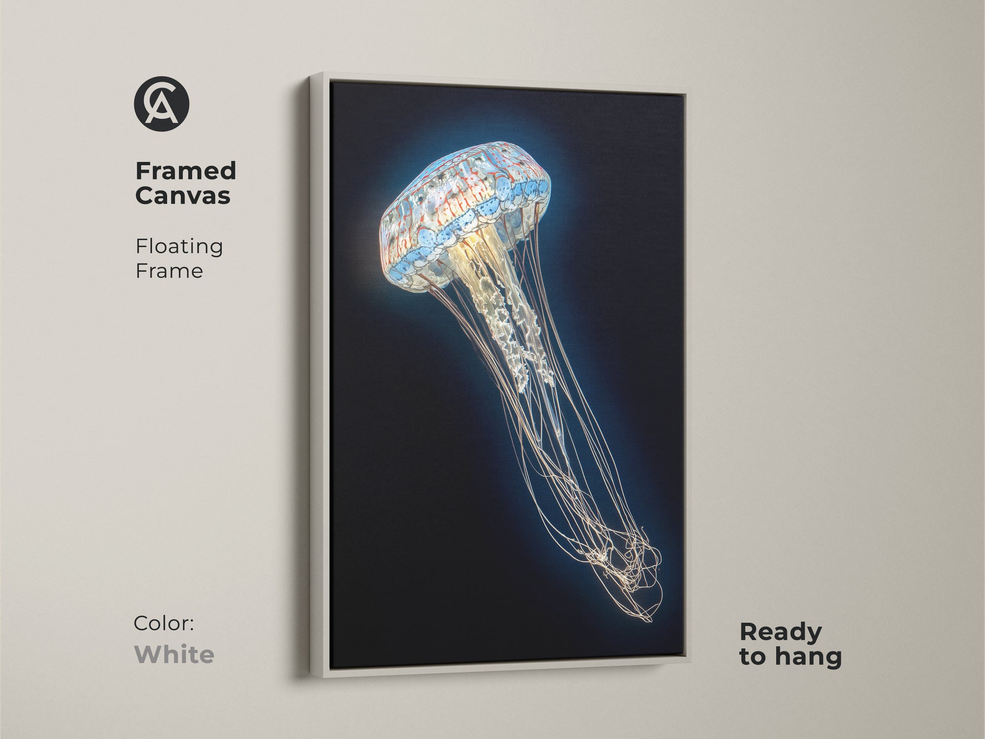 Framed canvas of a Contemporary Jellyfish Print in a white floating frame. The abstract ocean life canvas features beautiful aqua and white hues. Ready to hang this surreal marine biology artwork is a modern touch.