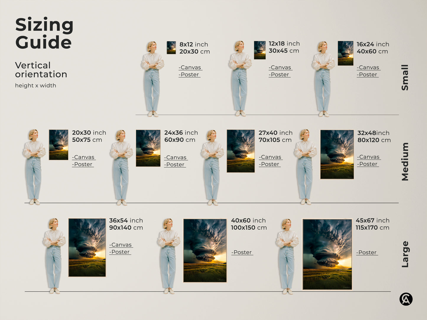 A sizing guide featuring modern wall art a dramatic tornado landscape art. The print is available as canvas or poster. Choose from sizes like 8x12 16x24 20x30 24x36 27x40 32x48 36x54 40x60 and 45x67 inches. Perfect for a nature inspired bedroom or office.