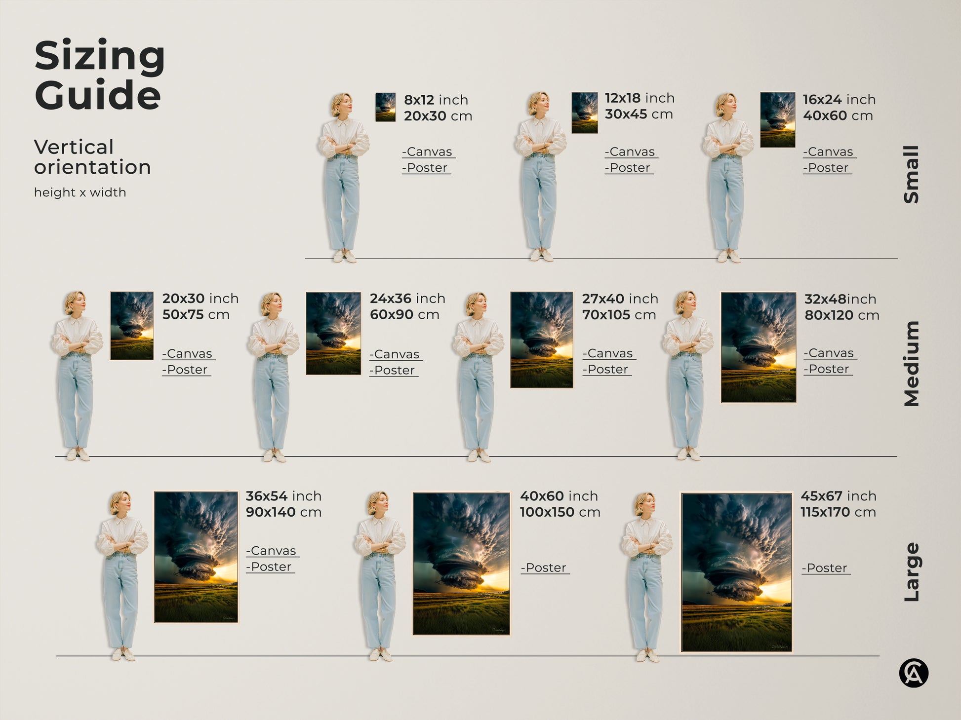 A sizing guide featuring modern wall art a dramatic tornado landscape art. The print is available as canvas or poster. Choose from sizes like 8x12 16x24 20x30 24x36 27x40 32x48 36x54 40x60 and 45x67 inches. Perfect for a nature inspired bedroom or office.