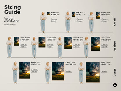 A sizing guide featuring modern wall art a dramatic tornado landscape art. The print is available as canvas or poster. Choose from sizes like 8x12 16x24 20x30 24x36 27x40 32x48 36x54 40x60 and 45x67 inches. Perfect for a nature inspired bedroom or office.