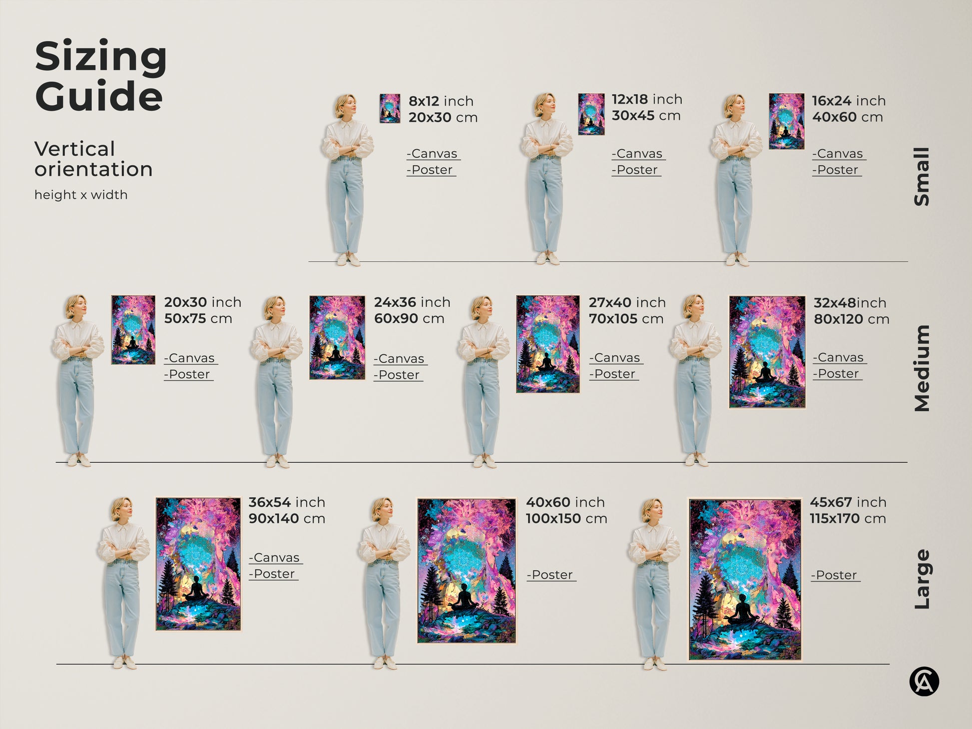 Explore vertical sizing options for spiritual artwork. See canvas and poster sizes in inches and centimeters. Find the perfect fit for your space. Small medium and large sizes are available now.