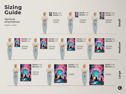 Explore vertical sizing options for spiritual artwork. See canvas and poster sizes in inches and centimeters. Find the perfect fit for your space. Small medium and large sizes are available now.