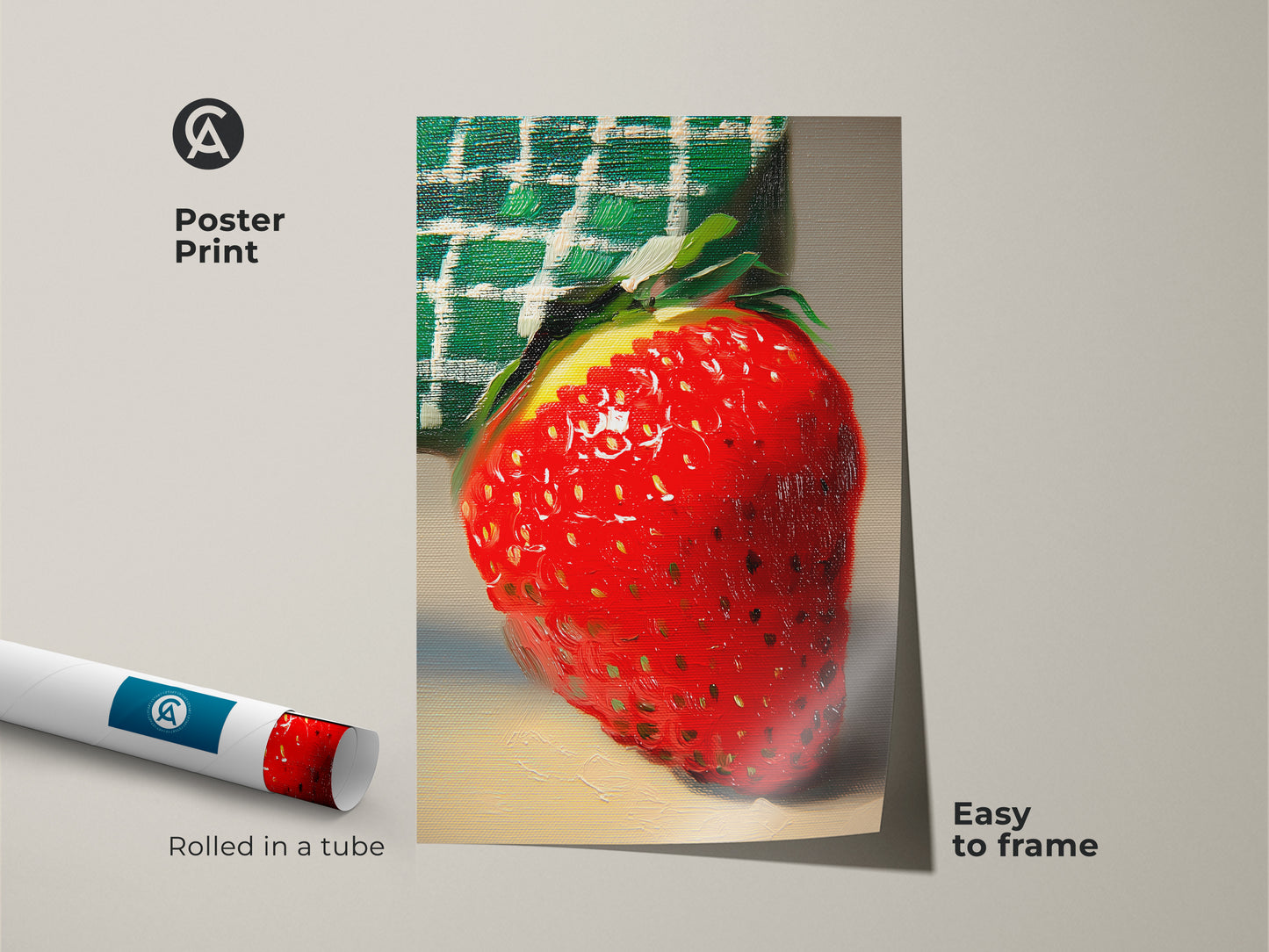 This poster print is a botanical art print. It features a red strawberry. The yellow and green artwork has an impressionist style. This fruit wall decor brightens any kitchen. It's the perfect foodie gift idea. This is easy to frame.