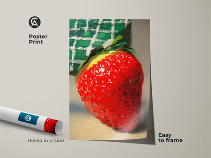 This poster print is a botanical art print. It features a red strawberry. The yellow and green artwork has an impressionist style. This fruit wall decor brightens any kitchen. It's the perfect foodie gift idea. This is easy to frame.