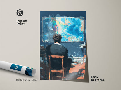Bring the world to your walls with 'The Observer' poster print. This easy-to-frame artwork features a man in contemplation. He is in front of a vivid world map. Rolled in a tube for protection. This poster print adds a touch of sophistication to any room.