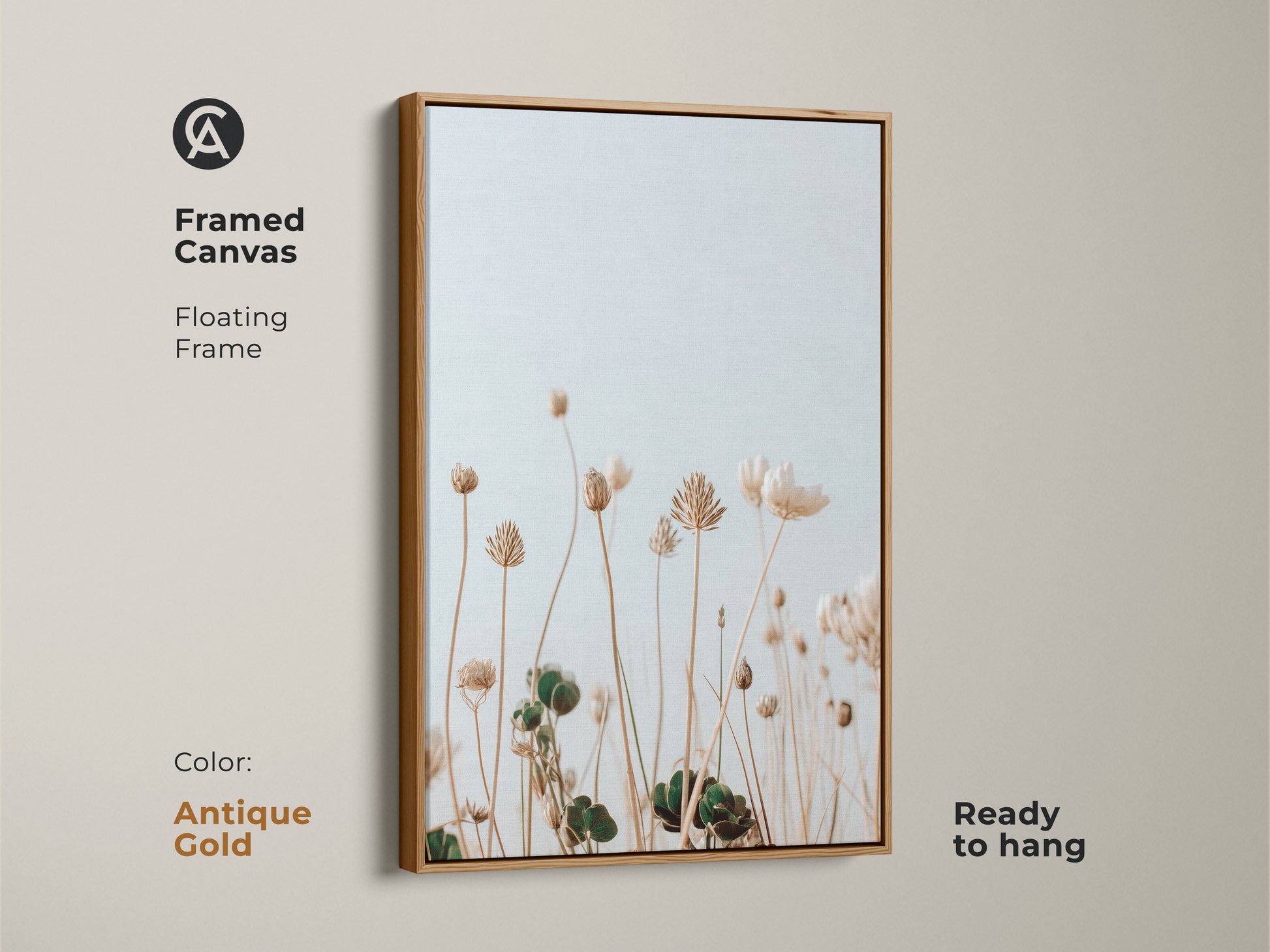 Framed canvas featuring light blue and cream wildflowers. The antique gold floating frame complements this minimalist botanical artwork. Perfect for adding a touch of nature to your bedroom decor. It is ready to hang. Ideal for plant lovers seeking a neutral boho art piece for their home.