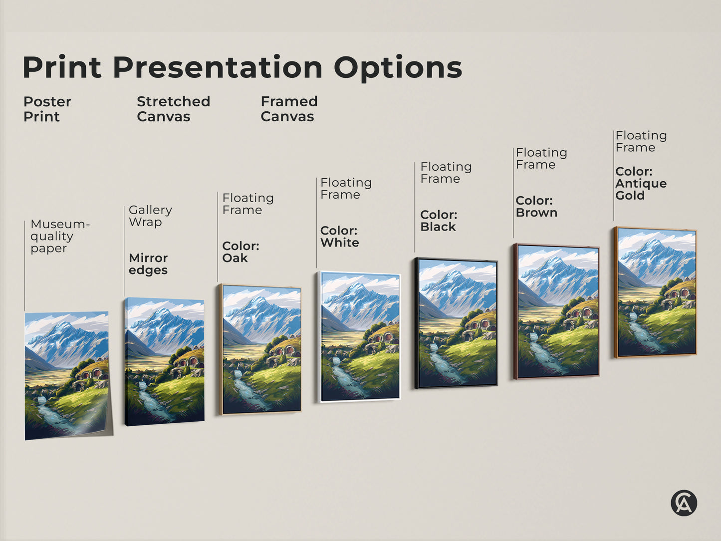 Print presentation options for fantasy landscape artwork. Choose from poster prints stretched canvas and framed canvas. Each features a hobbit hole mountain and river.