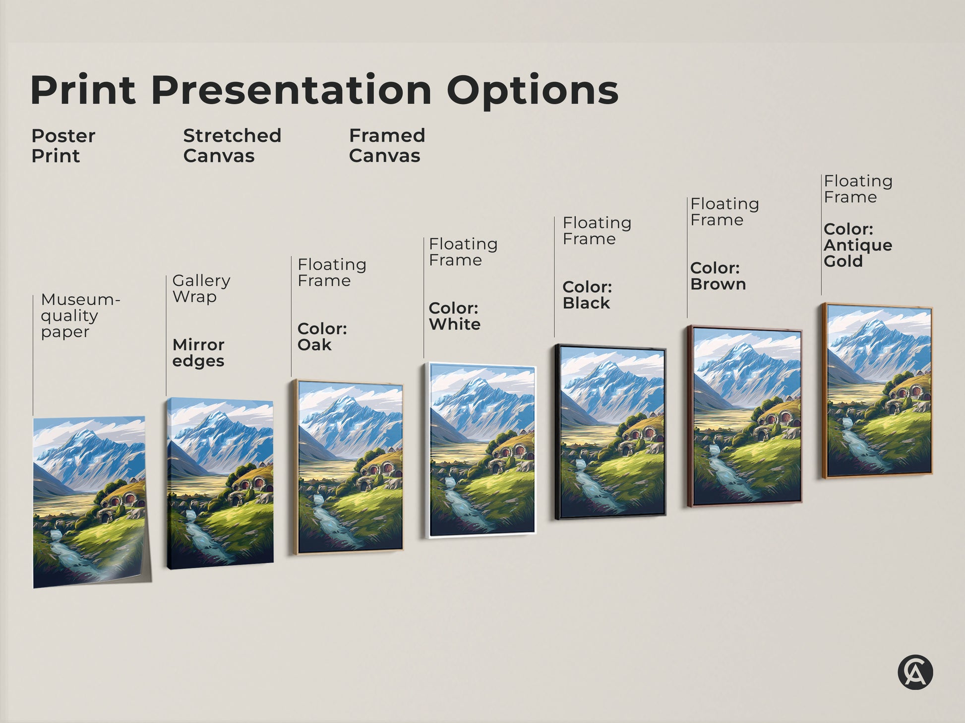 Print presentation options for fantasy landscape artwork. Choose from poster prints stretched canvas and framed canvas. Each features a hobbit hole mountain and river.