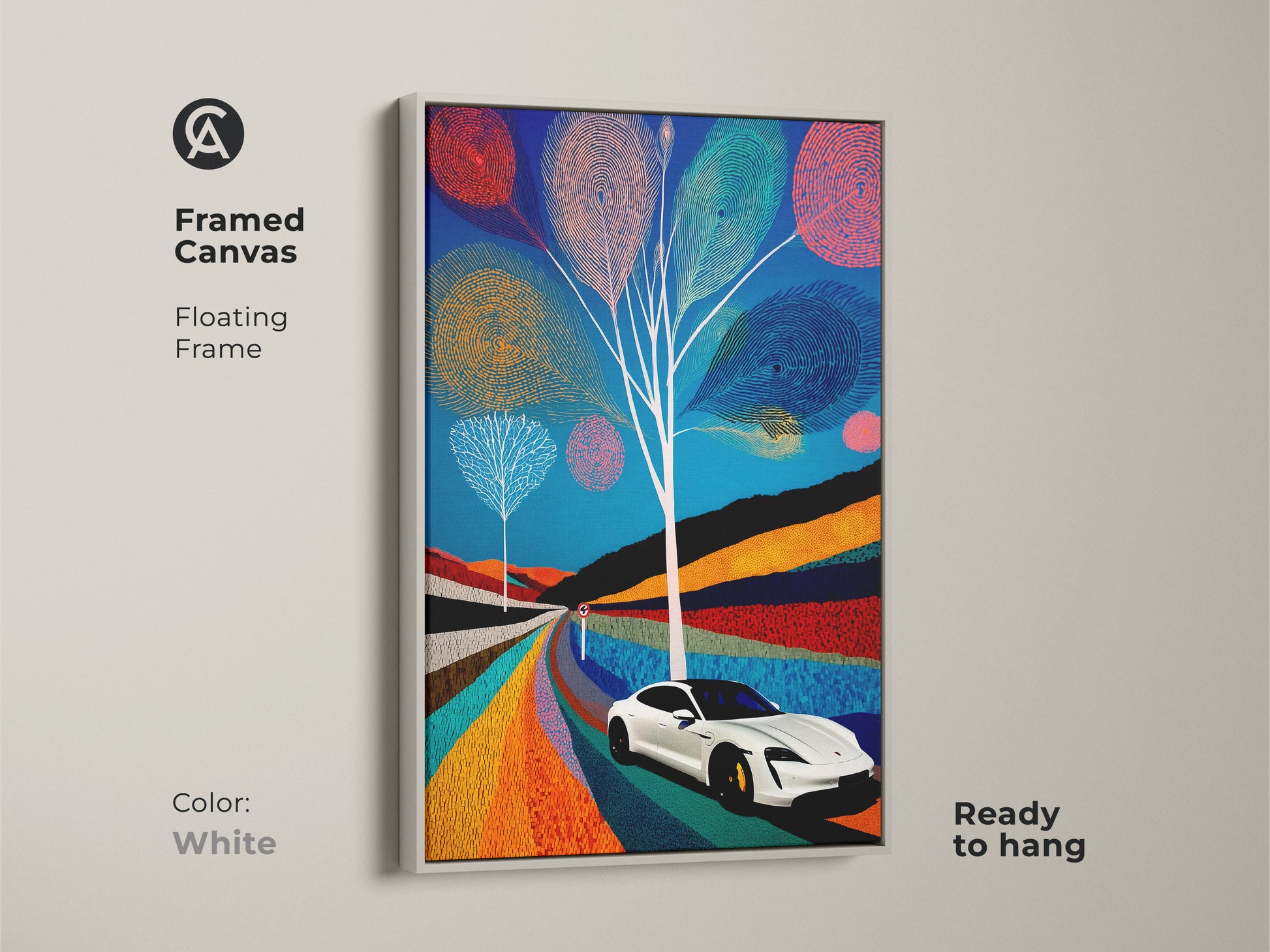 White framed canvas of an electric car road trip showcasing blue teal orange abstract art. Ready to hang this modern folk art canvas print adds a contemporary touch. A stylish automotive art print for any space.