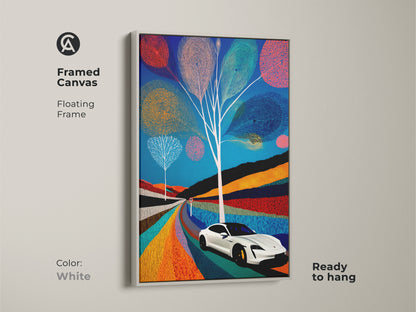 White framed canvas of an electric car road trip showcasing blue teal orange abstract art. Ready to hang this modern folk art canvas print adds a contemporary touch. A stylish automotive art print for any space.