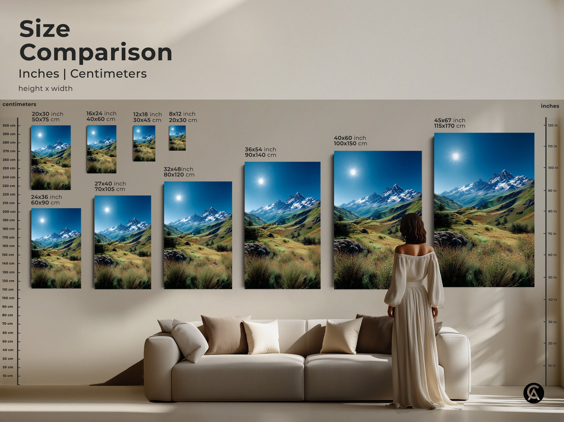 Size comparison of mountain landscape artwork in inches and centimeters. Visualize how different sizes fit your space. Perfect for canvas or poster prints this guide helps you select the ideal artwork to complement your home decor.