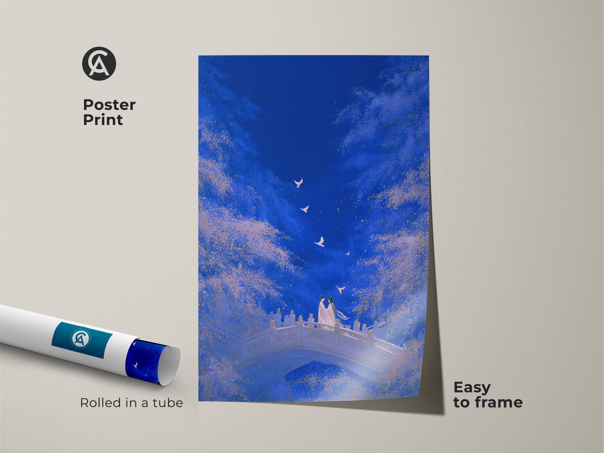 Poster print of a couple on bridge artwork. Rolled in a tube and easy to frame. Romantic fantasy art print with dreamy celestial sky decor. Features deep blue and gold artwork. An anniversary gift for couples.