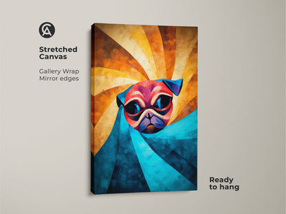 Stretched canvas featuring an abstract pug wall art. The gallery wrap has mirror edges giving the artwork a contemporary look. Ready to hang this geometric pug art brings modern animal artwork to your space. Perfect as unique dog wall decor.