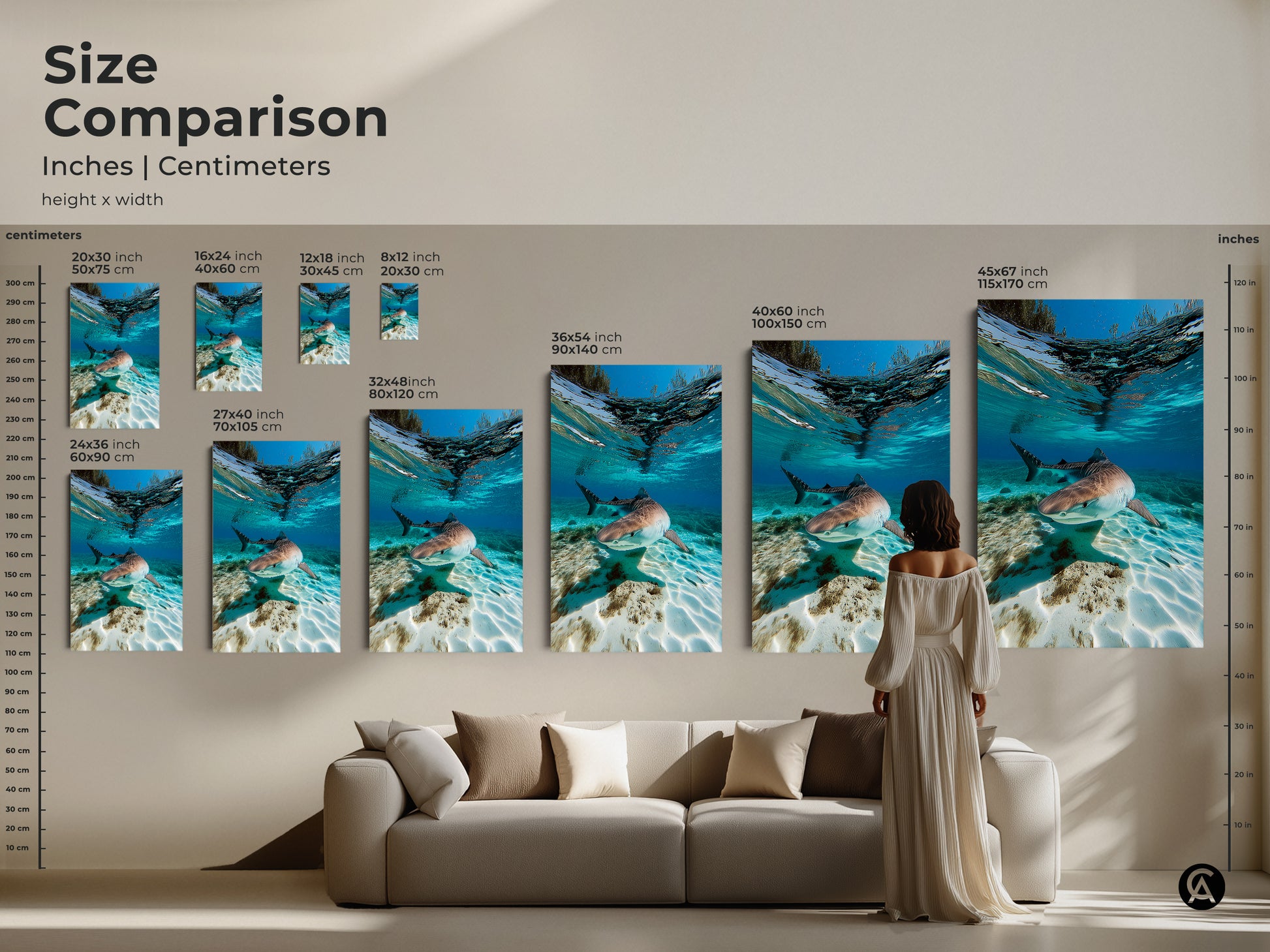 Size comparison of underwater Tiger Shark artwork in inches and centimeters. See how different sizes of this canvas art fit above a sofa. Options range from small to large for impactful coastal wildlife wall decor. Ideal for marine biology and ocean photography art lovers.