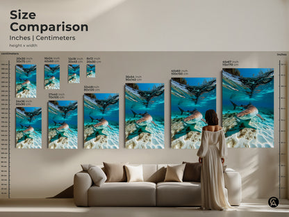 Size comparison of underwater Tiger Shark artwork in inches and centimeters. See how different sizes of this canvas art fit above a sofa. Options range from small to large for impactful coastal wildlife wall decor. Ideal for marine biology and ocean photography art lovers.