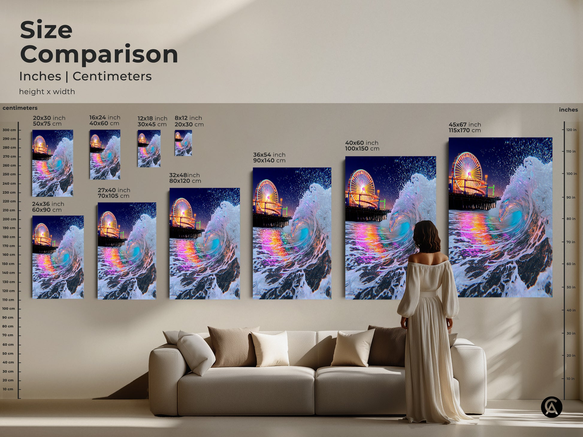 Size comparison of artwork prints in inches and centimeters. A woman stands near a sofa showcasing the scale of the canvas art. The artwork depicts crashing teal ocean waves and Ferris wheel.