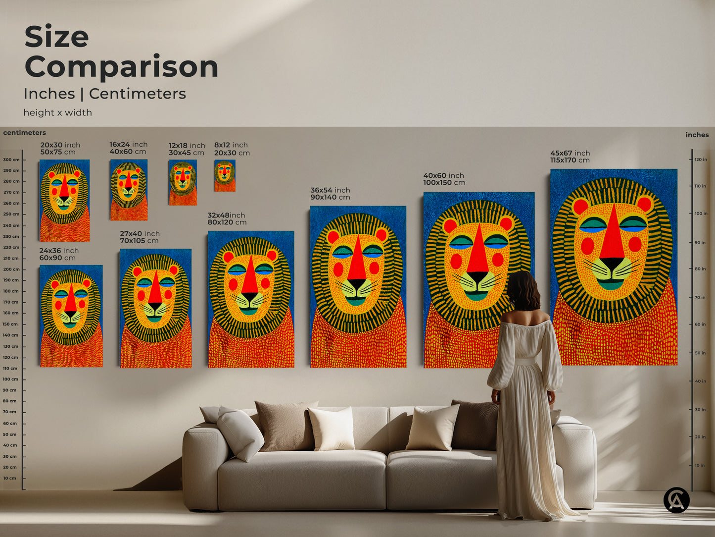 Size comparison of colorful lion art prints in a living room setting. See how different sizes of this geometric animal face artwork fit your space. It is available in various sizes for canvas and poster prints.